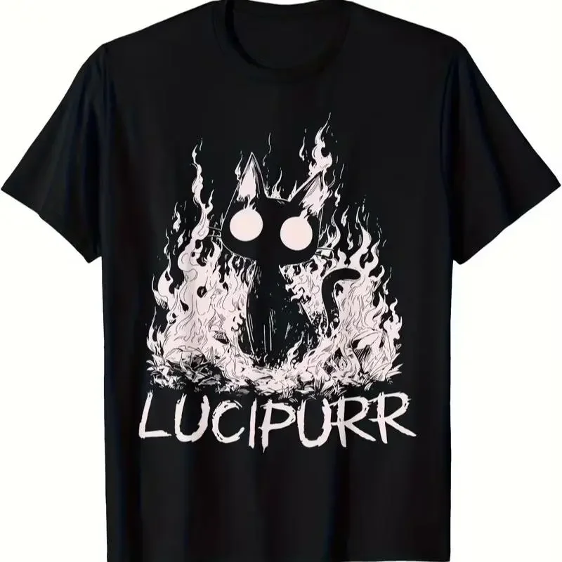 Plus Size Retro T-Shirt - 'Lucipurr Cat with Flames' Design, Soft And Breathable Material, Casual Crewneck Short Sleeve Top for Outdoor, Travel & Gym - Machine Washable Summer, Comfortable Graphic Print Shirt