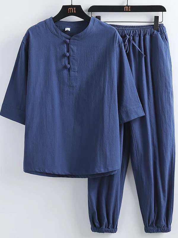 

Loose Men's Summer Spwear Cotton Linen Hanfu Home Clothes Set Trendy Outerwear Comfortable Breathable ort Sve T-irt