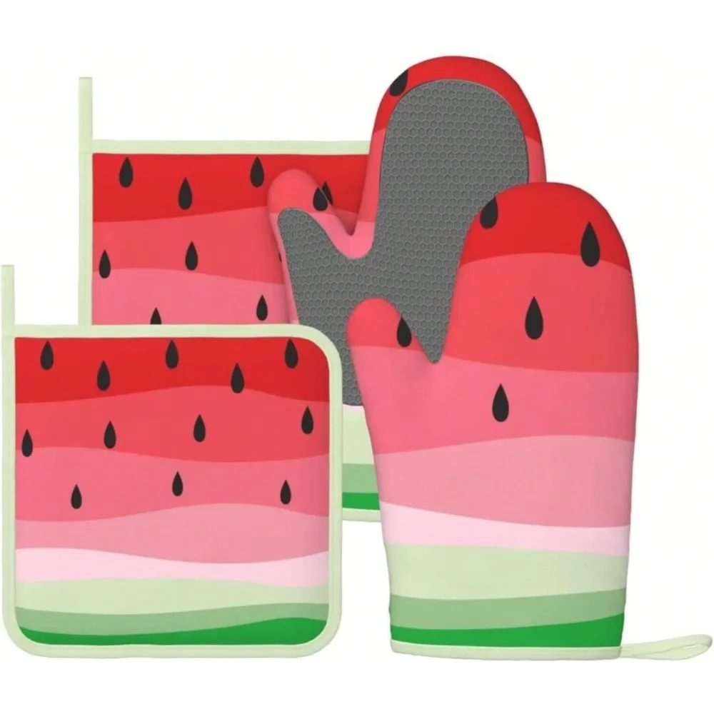 

Novelty Fruit Watermelon Oven Mitts And Pot Holders Sets Of 4, Heat Resistant Silicone Oven Mittens And Potholders Gloves Hot Pads For Kitchen Cooking Baking Grilling BBQ Chef