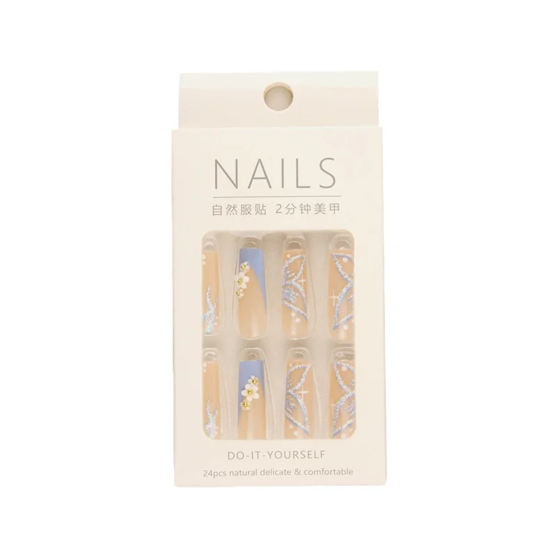 

Wear long nail blue butterfly flower European and American style fake nail patch nail sticker finished product