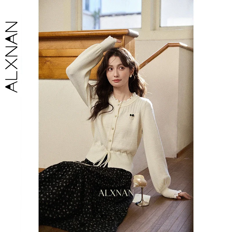 ALXNAN 플러스 사이즈 버튼 가디건 드로스트링 밑단 라운드넥 신축성 니트 스웨터 슬림 엘레강트 특별 따뜻한 여성 상의 D57526