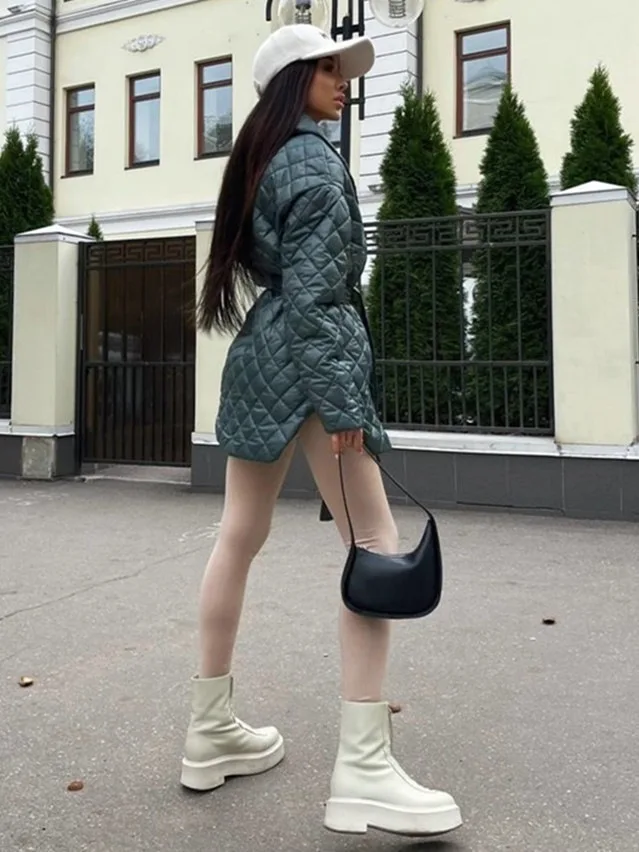 Jaet de algodón ajustado de invierno con cinturón largo Sve Plaid ort frente largo Ba abrigo de abrigo de longitud media para mujer