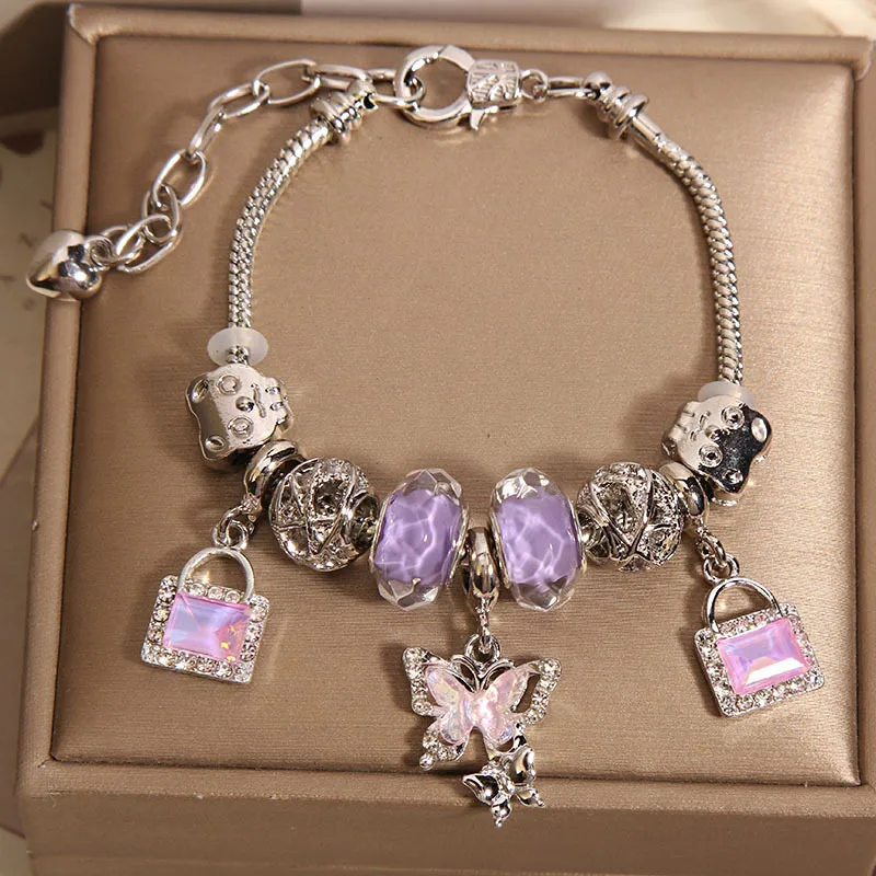 

Purely handmade - light luxury purple glazed beads cute butterfly pendant bracelet bracelet