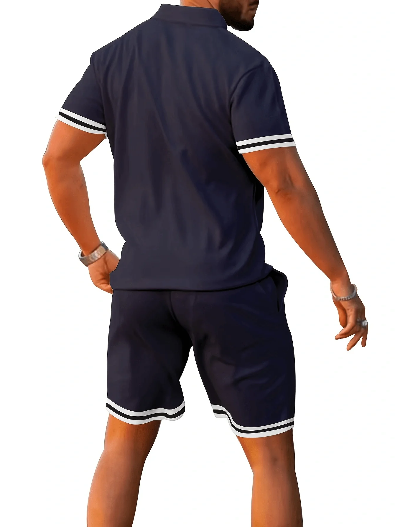 

Mens Blue Shirt And Shorts Set With Striped Cuffs Casual Summer Two Piece Outfit