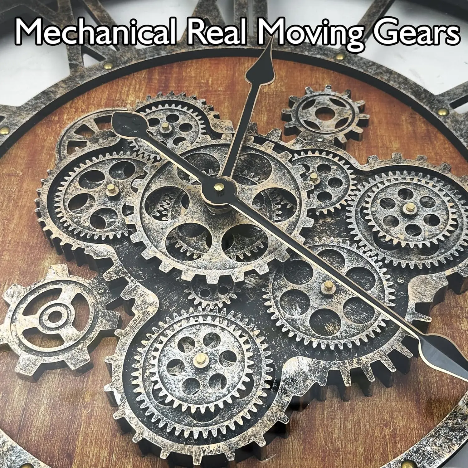 27   Real Moving Gears Wall Clock with Toughened Glass Cover, Oversized Vintage Solid Wood Farmhouse Clock, Giant Decor