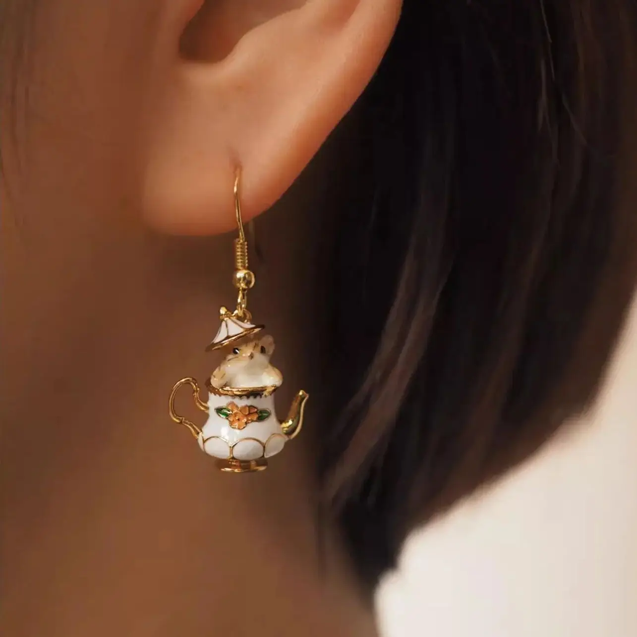 Versatile Women's Gold Plated Cartoon Tea Cup Flower Animal Chestnut Earrings Original Design Fashion Gift