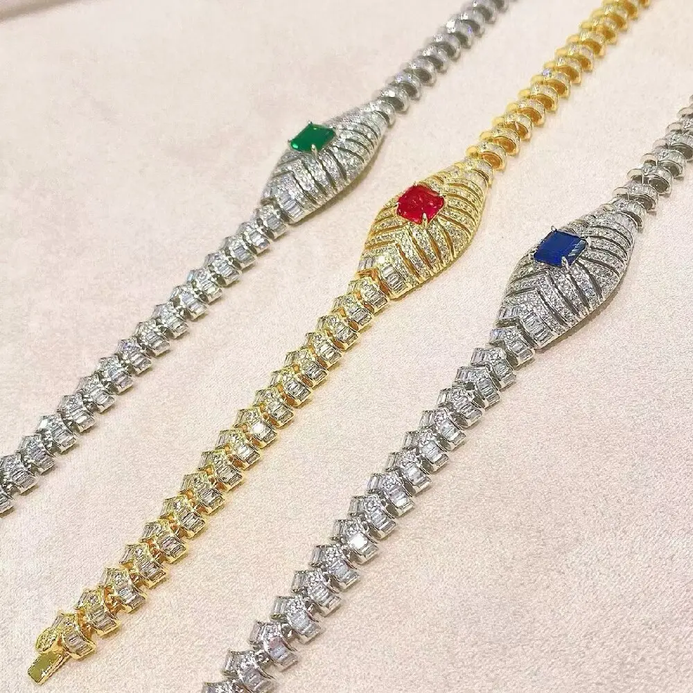 KQDANCE 925 Silver Gold Plated Synthetic Zircon Diamond Ruby Vintage Light Luxury Snake Bones Bracelet 7 Inch Long