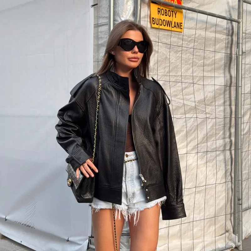 Moda jaqueta de motocicleta moda couro feminino casaco curto solto 2025 outono moda retro casual legal ousado clássico outerwear