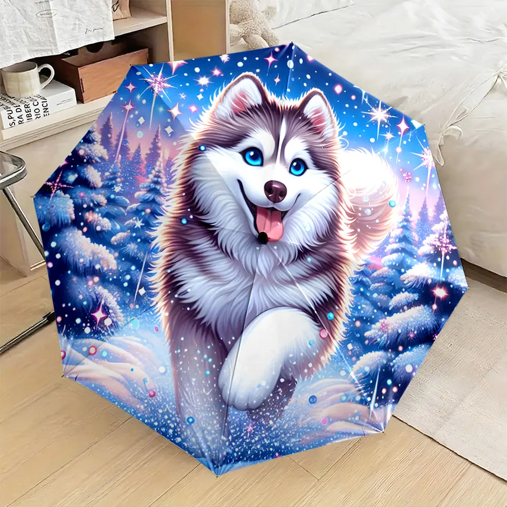 1PC Vibrant Umbrella with Husky and Snowy Forest Print Print 8 Iron Ribs Folding Umbrella Auto-Open Fashion Sunshade
