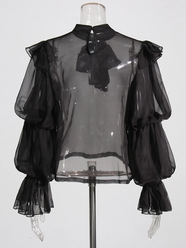 Sheer Mesh Shirts For Women Stand Collar Long Sleeve Patchwork Bow Leopard Pullover Blouses Female Fashion Clothing Style