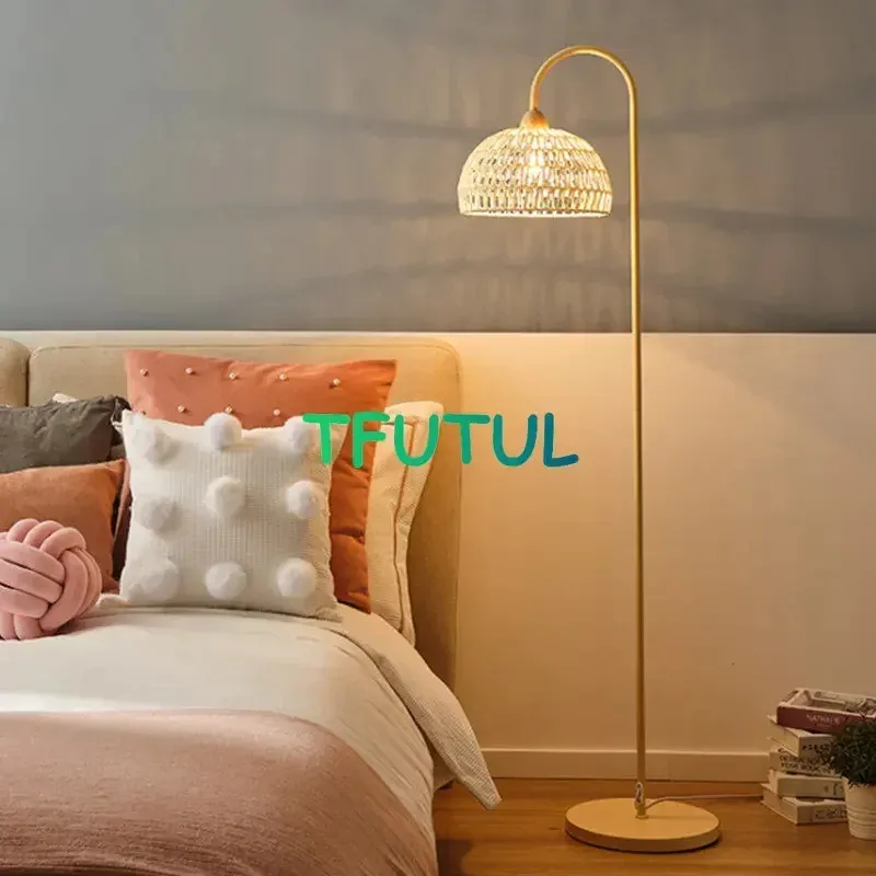 French Rattan E27 Led Floor Lamps for Living Room Remote Control Dim Bedroom Bedside Lamp Sofa Side Standing Lights Home Decor