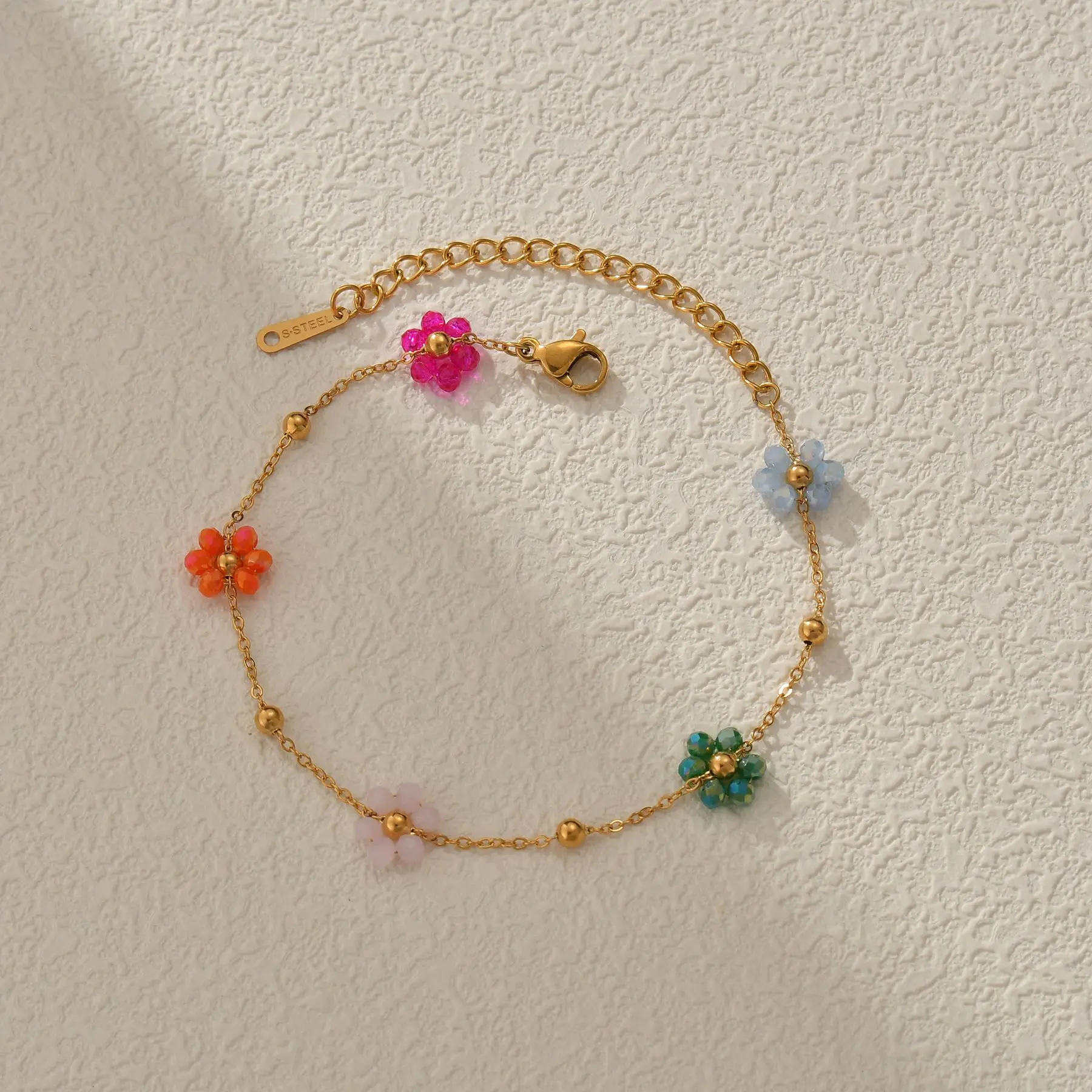Freeteeme Fashion Colorful Flower Bracelet for Women Girls Stainless Steel Jewelry Gold Color Beads Chain Valentine\'s Day Gift
