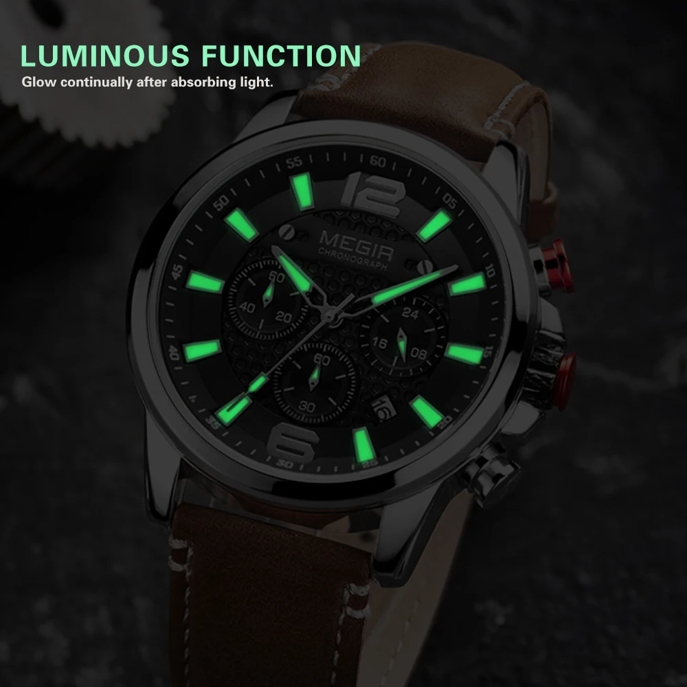 MEGIR Luxury Men Watch Quartz Sports Chronograph Luminous Waterproof Date Wristwatches Multifunctional Clock Relogio Masculino