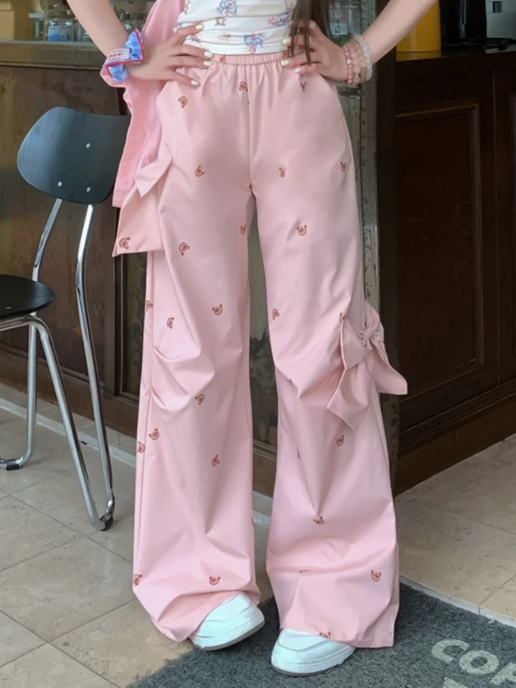 

ADAgirl Kawaii Bear Printed Pants with Bow Pink Sports Sweatpants Women Y2k Baggy Cargo High Waist Parachute Trousers Cutecore