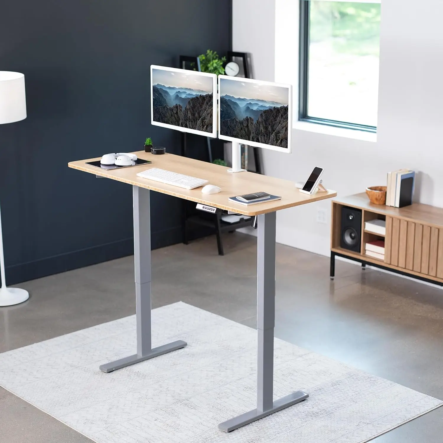 Electric 60 x 24 inch bamboo standing desk workstation, memory controller height adjustment, one piece top