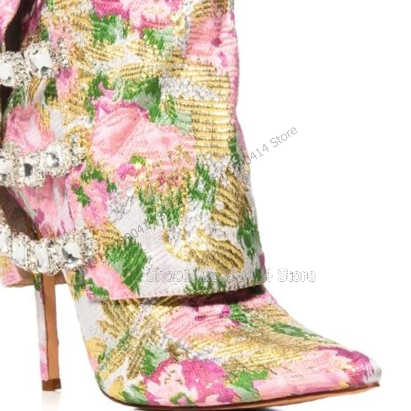 Botas puntiagudas florales de colores mezclados Para mujer, Zapatos de media pantorrilla, tacones altos finos, moda novedosa, 2023