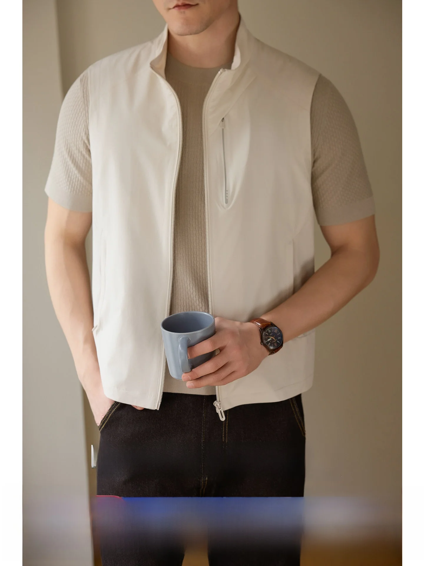 Business Casual Men's Jacket Vest Commute Breathable Four-Sided Elastic Stand Collar Short Length Zipper Fashion Urban Polyester
