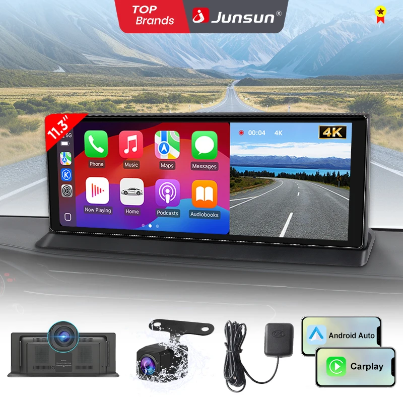 Cámara para Tablero Junsun de 11.3 Pulgadas, 4K, Inalámbrica, CarPlay, Android Auto, Pantalla para Tablero, DVR para Automóvil, Grabador de Video de Doble Lente, Navegación GPS, BT, AUX