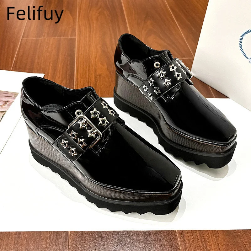 

Genuine leather sequins platform shoes star rivets buckle strap shoes retro british thick sole femal spring wedges shoes 2024