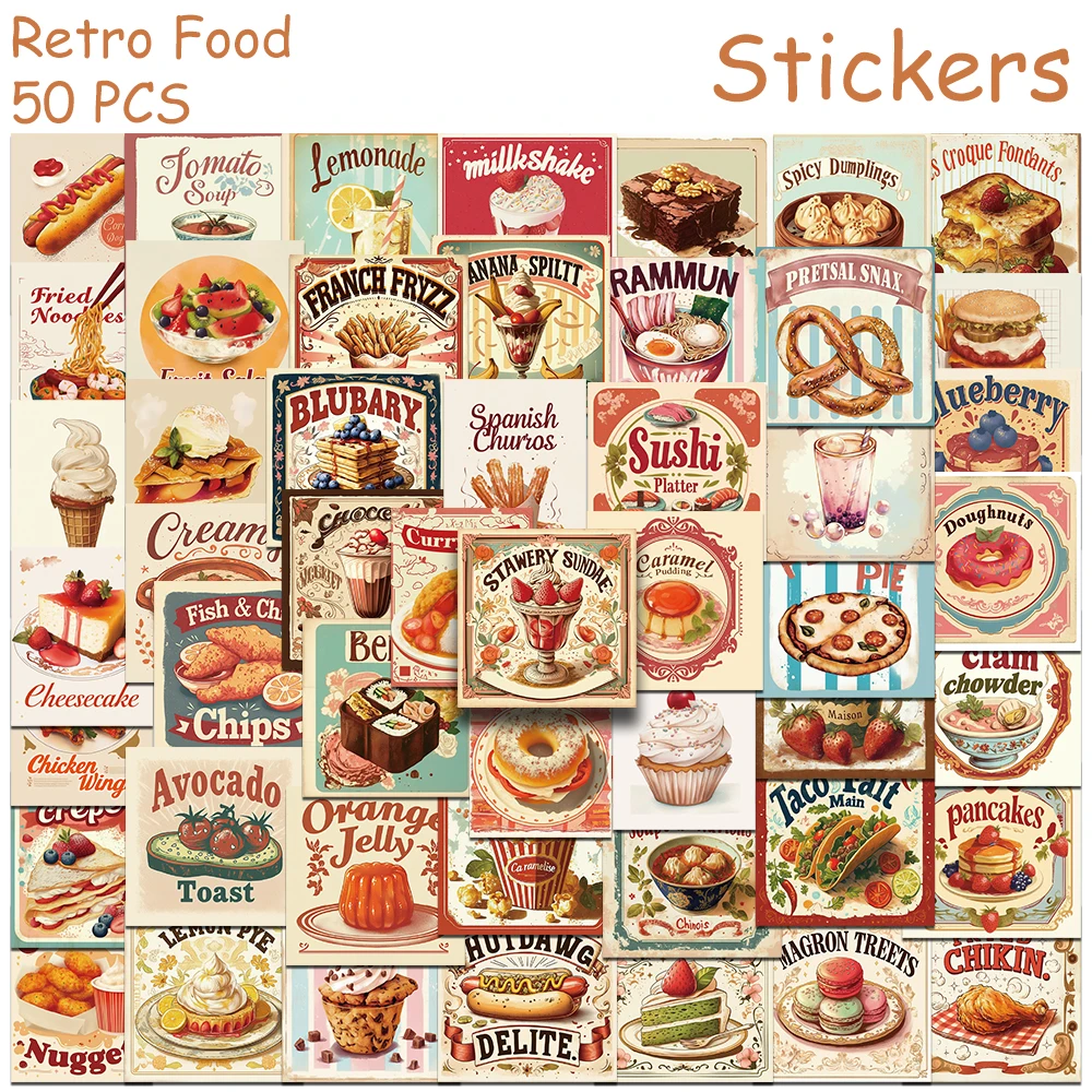 50 قطعة كعكة الغذاء الرجعية المعكرونة ملصقات الشارات لأجهزة الكمبيوتر المحمول سجل القصاصات حقيبة الثلاجة الغيتار DIY بها بنفسك ملصقات الكرتون الجمالية