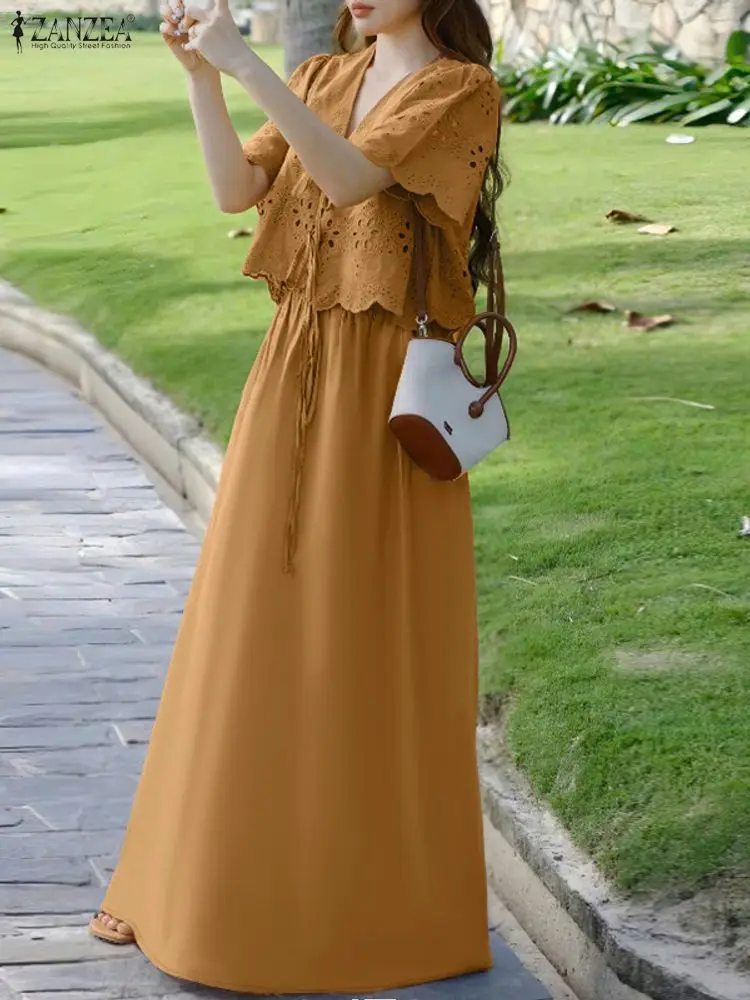 

ZANZEA женские богемные комплекты с юбкой из 2 предметов, повседневные ажурные топы с вышивкой спереди и однотонные длинные юбки, костюмы, наряды