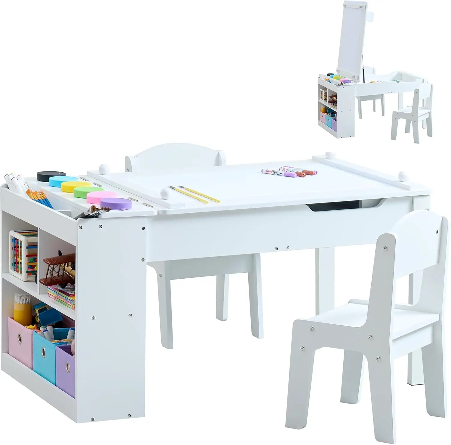 Kids Art Table and Chair Set, 3-in-1 Easel & Craft Table for Coloring Drawing Painting, Kids Art Desk Includes 6 Paint Cups, 6 Storage Bins & Paper Roll Holder