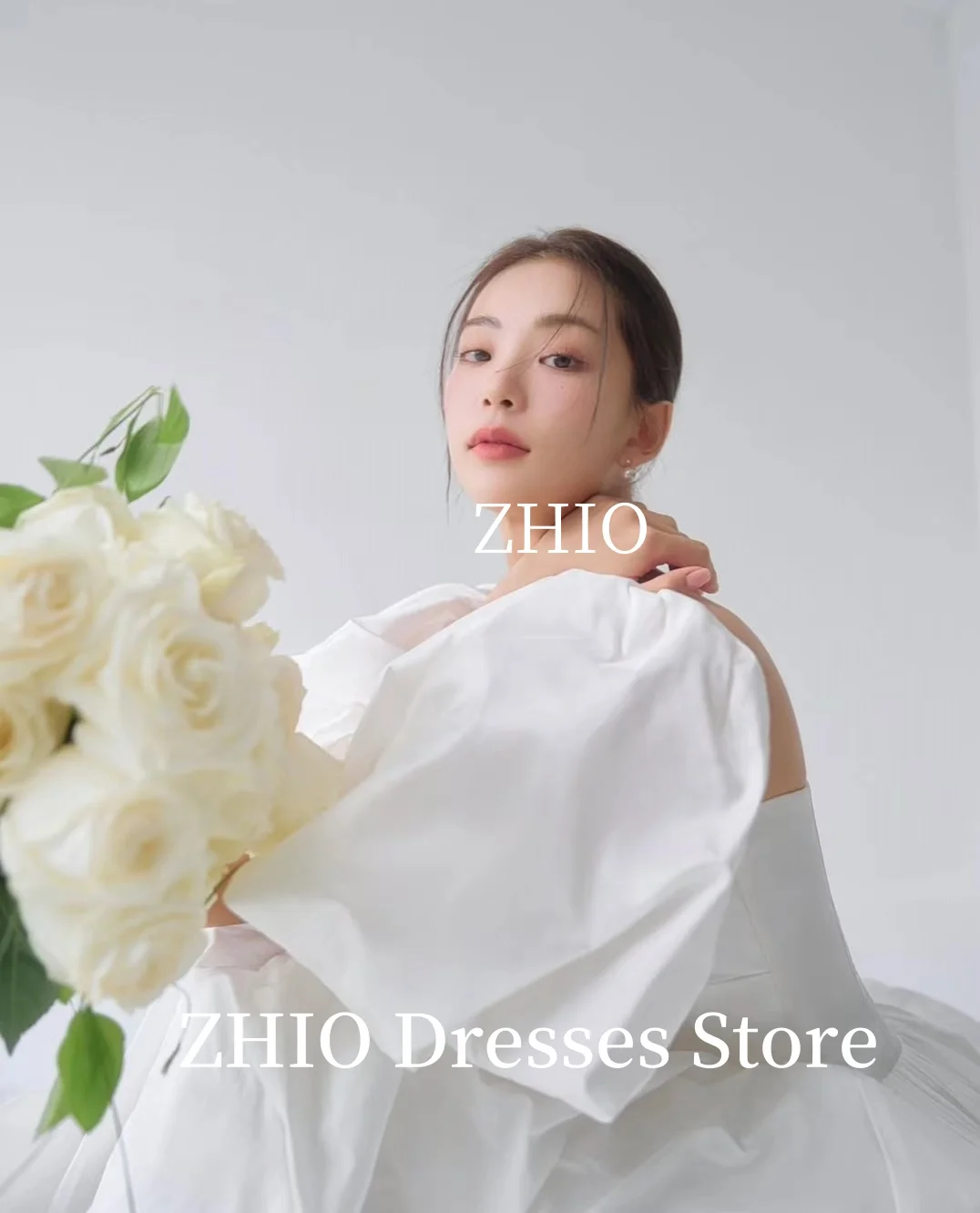 ZHIO Elegant Off Shoulder Wedding Party Dress Ivory Soft Satin Draped A-Line Korea Photo Shoot Bridal Reception Gown Customized