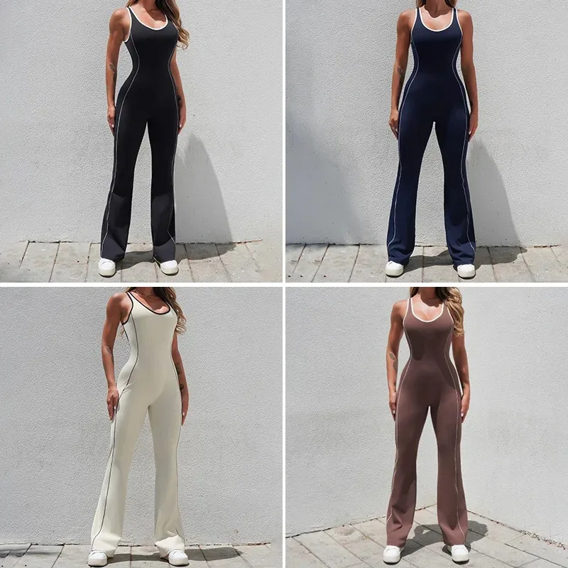 Body da yoga senza cuciture per donna Tuta sexy senza schienale color block e pantaloni svasati con sollevamento del bottino Set da allenamento per palestra con sensazione nuda