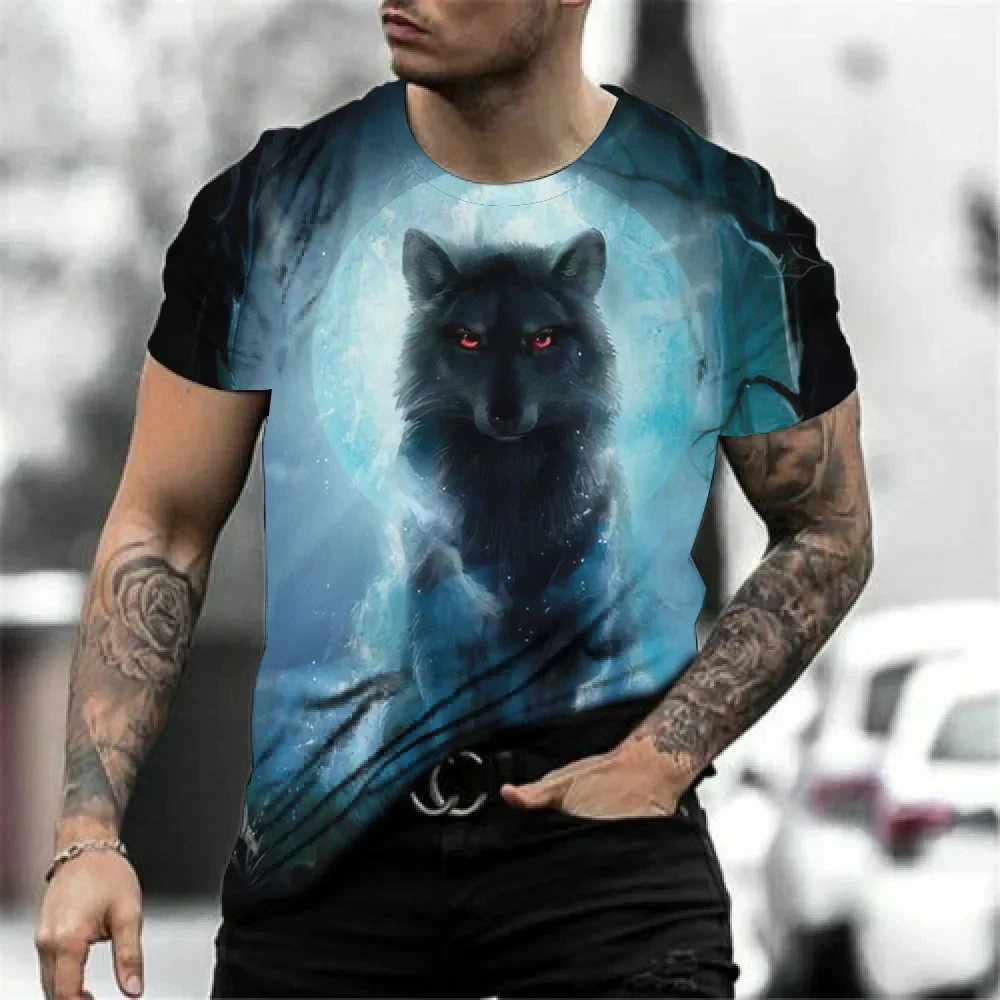 T-shirt à manches courtes imprimé loup 3D pour hommes, haut de sport de rue décontracté, t-shirt imprimé animal, vêtements d'été vintage