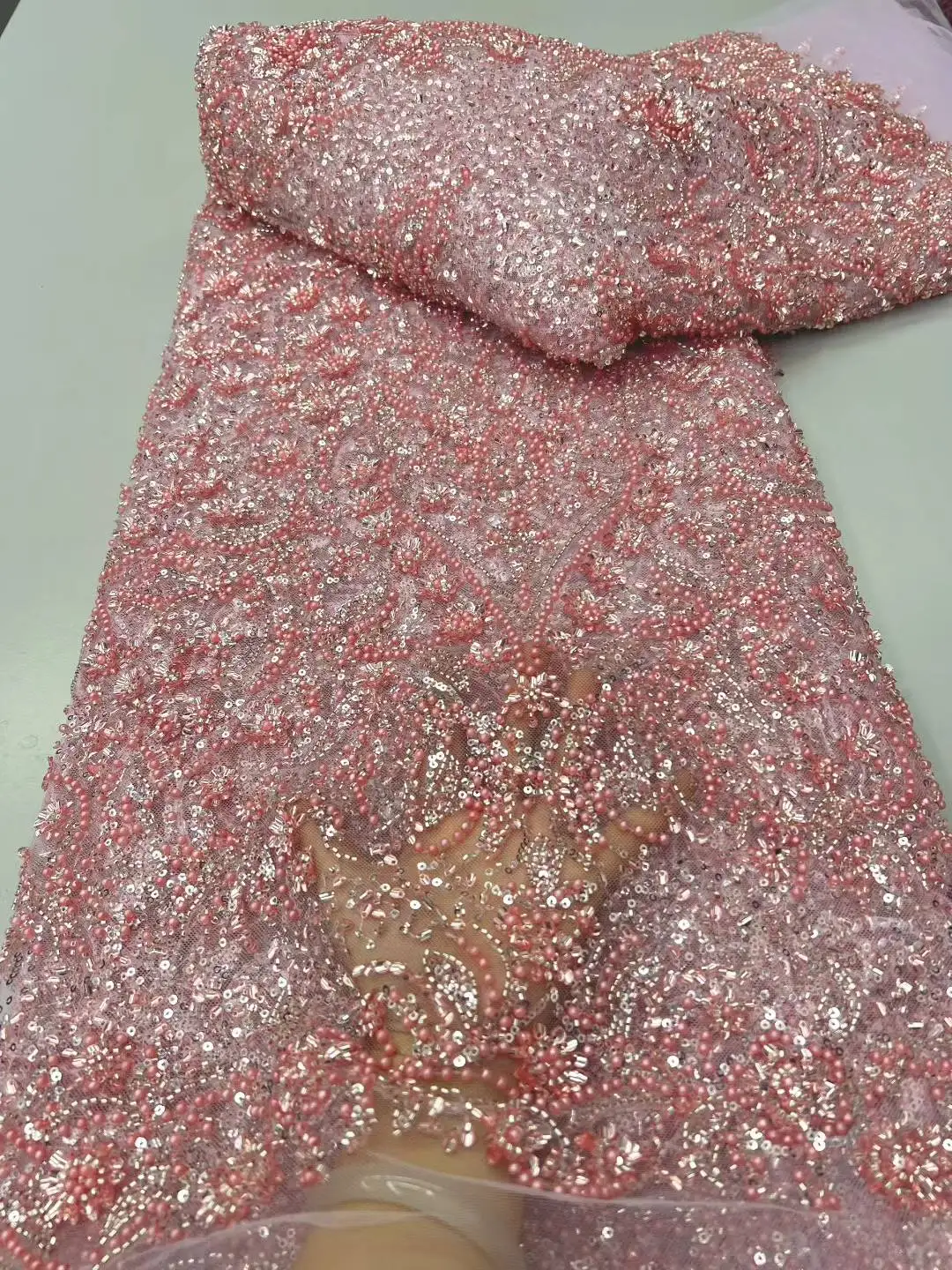 

Luxury French Mesh Beaded Lace Fabric High Quality African Sequins Groom Lace Fabrics For Nigerian Wedding Dress 2025