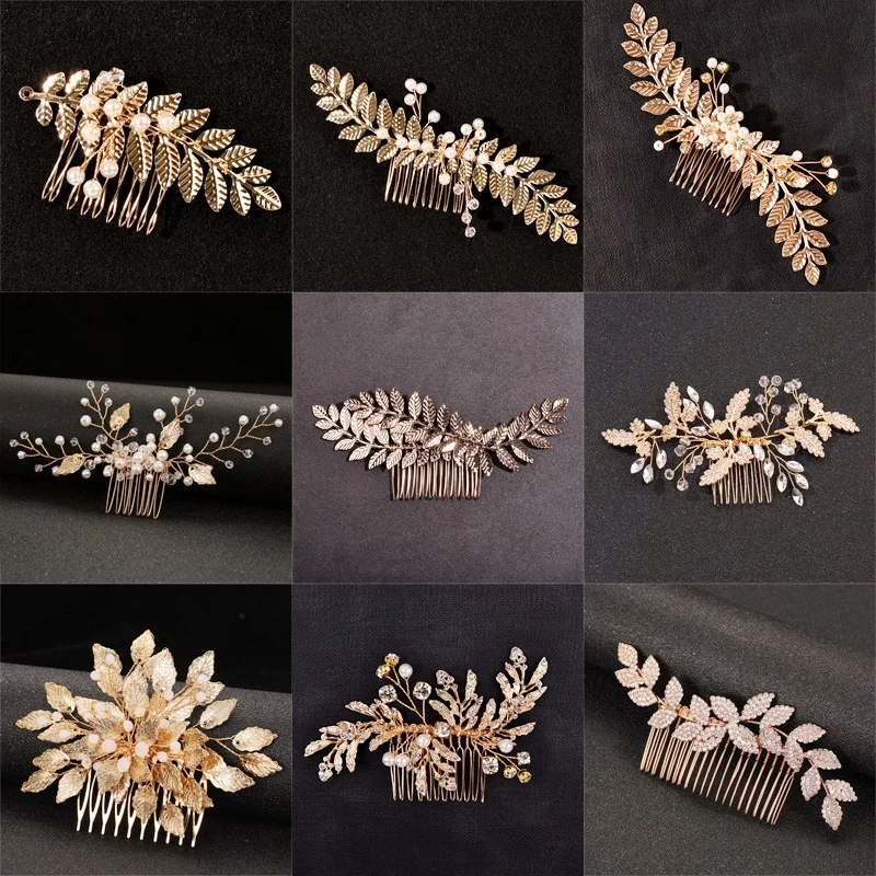 Gold Color Leaf Hair Combs Jewelry Rhinestone Pearl Hair Comb Tiaras Women Headpiece Wedding Bridal Hair Jewelry Accessories