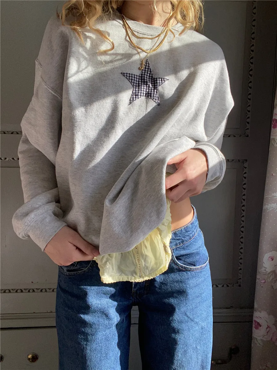 

Grey Grid Star Hoodies for Women Autumn Casual Loose Fit Round Neck Long Sleeve Sweatshirts Y2K Trashy Fall Pullovers Tops 90s