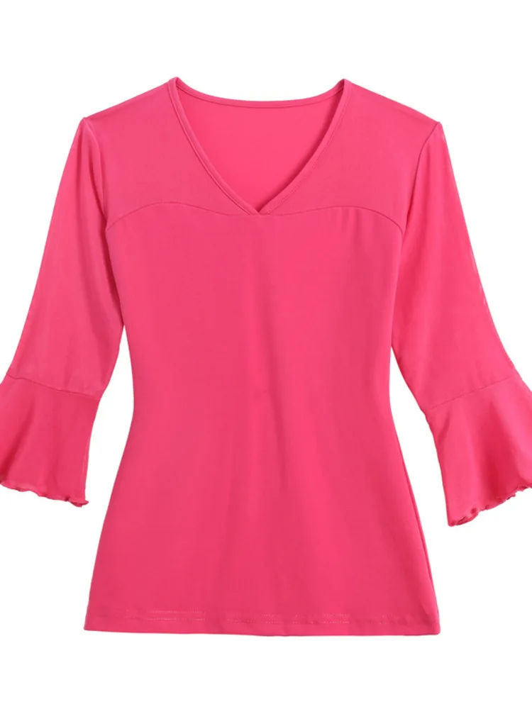 قميص رقص لاتيني أنيق بأكمام جرس ورقبة على شكل حرف V بلون سادة وقصة ضيقة للنساء لزي قاعة الرقص وأداء الممارسة