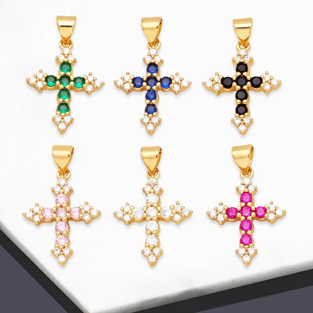 OCESRIO Multicolor Mini Cross Pendant for Necklace Copper Gold Plated Crystal Crucifix Women Men Jewelry Making Supplies pdta947