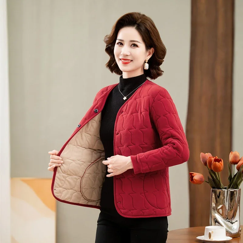 Solid Color V Neck Quilted Women Jacket Middle Aged Ladies Warm Inner Liner Coat Button Daily Wear Plus Size