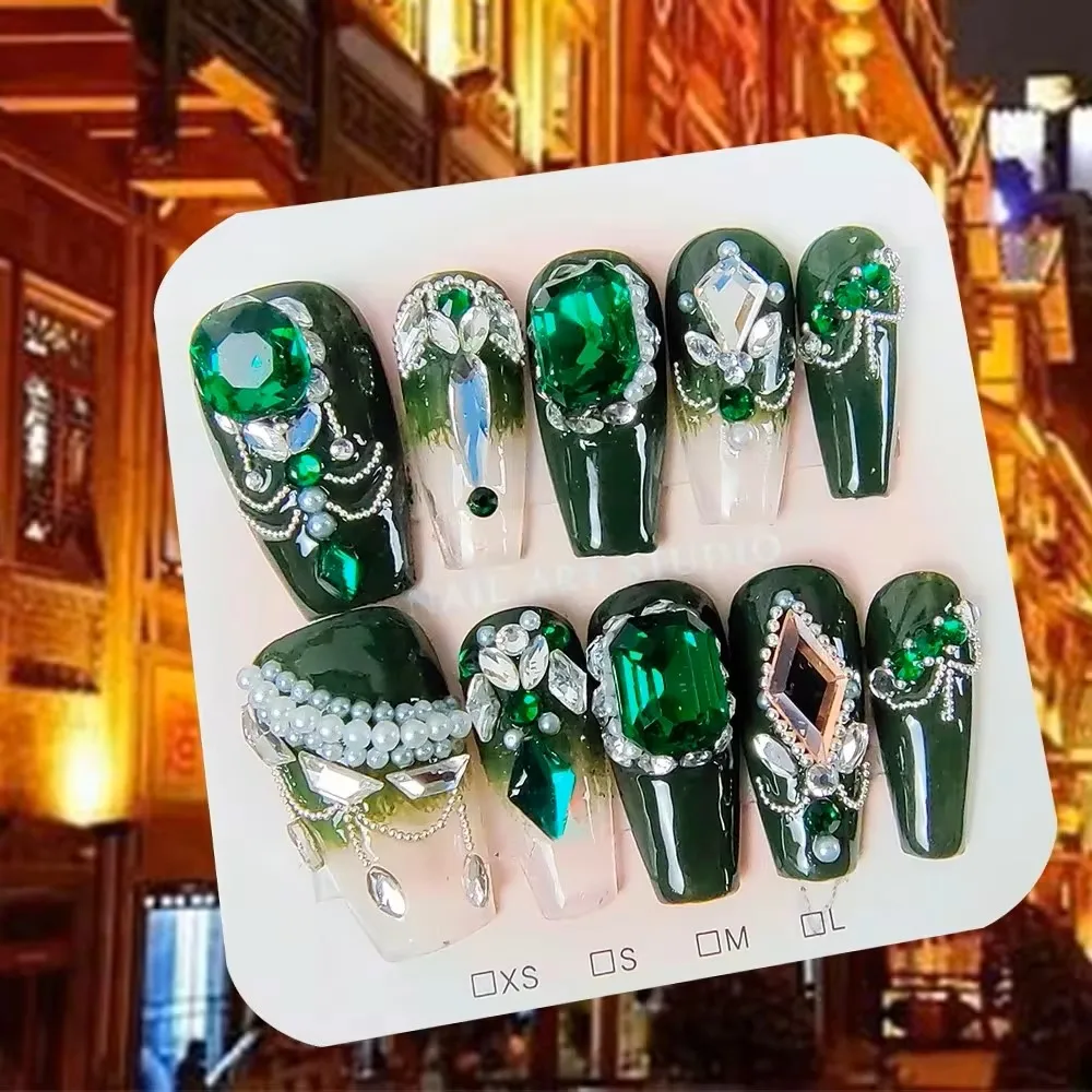 10Pcs High Quality Handmade Press on Nails Small Steel Bead Emerald Elegant and Poised Used for Chinese Style Festive Occasions