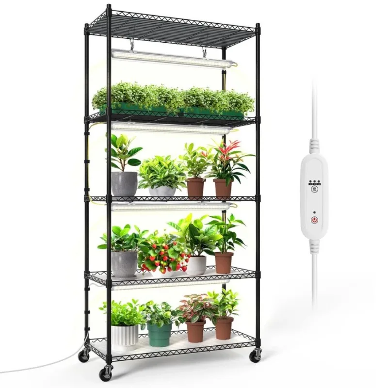 

Plant Shelf with Grow Lights, 5Tier Plant Stand with T8 24W Grow Light for Indoor Plants with Wheel, 5000K Full Spectrum LED Pl