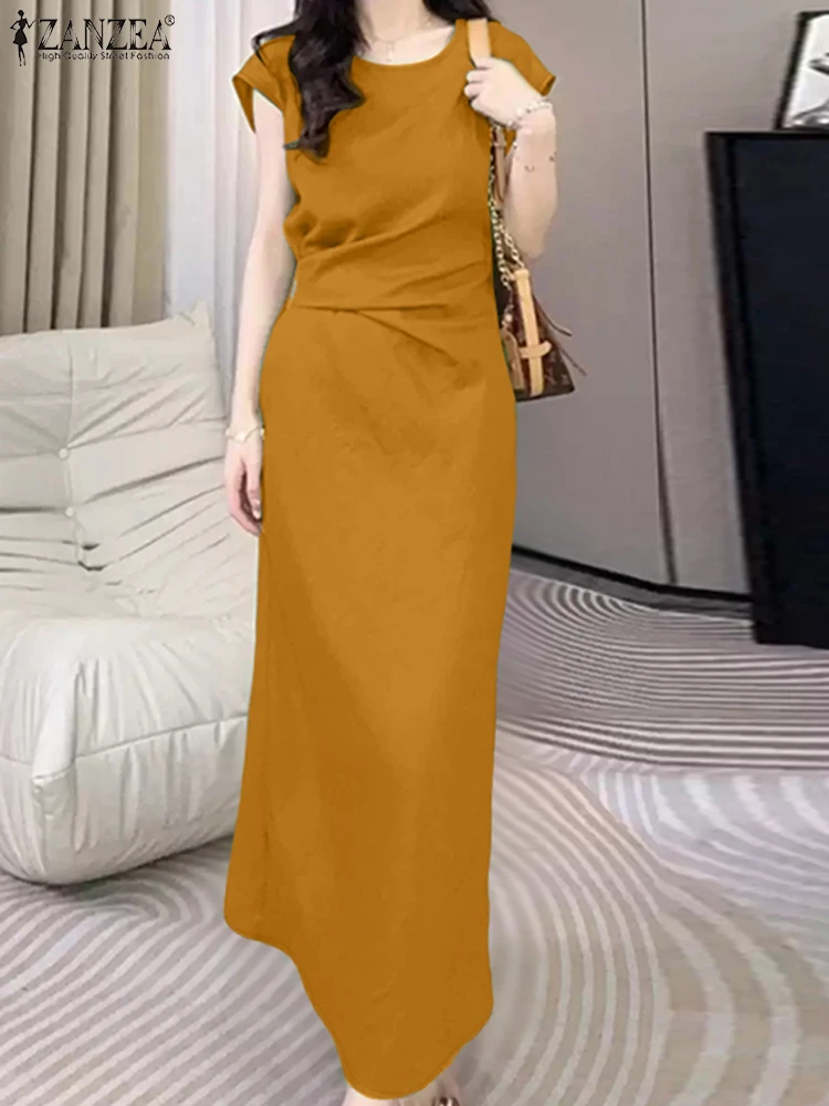 ZANZEA Elegant Women's Maxi Dresses O-Neck Short Cap Sleeve Tie-Waist Solid Color Long Dress Office Commuting Woman Clothes 3XL
