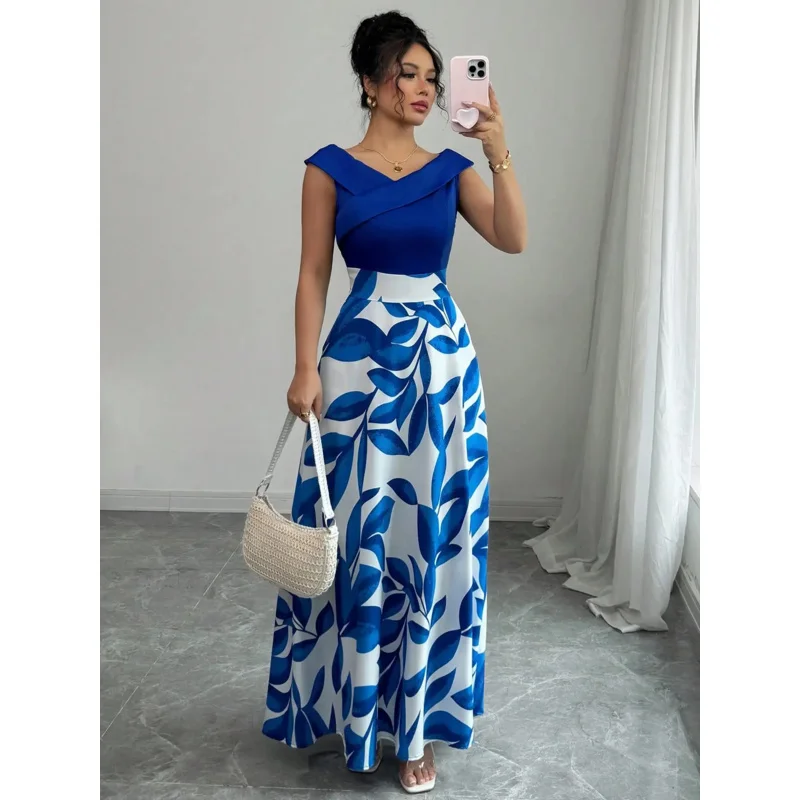 Blue White Satin Leaf Print Maxi Dress Boho Length Gown Perfect for Formal Occasions Trendy Looks