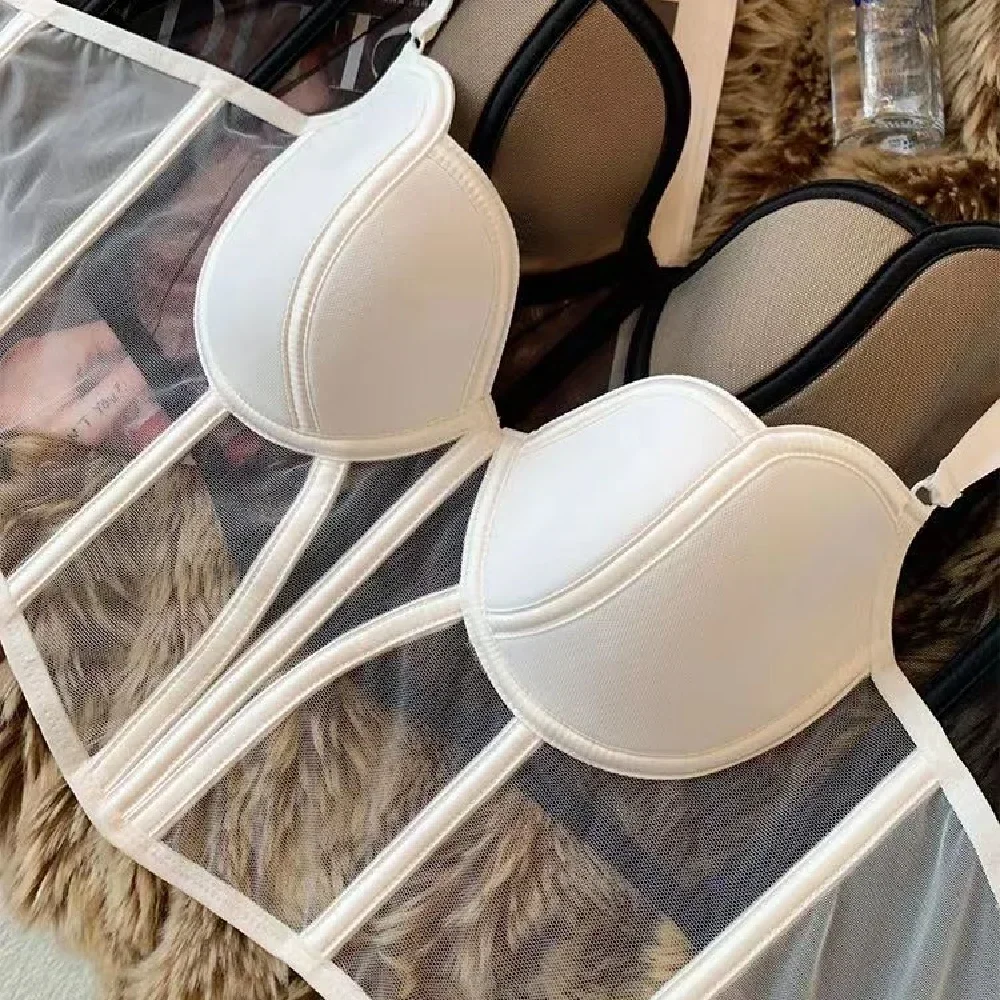 Women Chic Mesh Fishbone Camisole Built In Bra Female Summer Corset Crop Tops Waist Tight Sexy Push Up Bra White Black Cropped