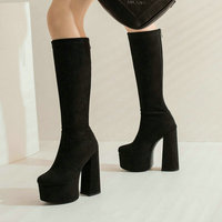 Plus Size 43 Platform Square High Heel Ladies Knee High Boots Faux Suede High Quality Round Toe Dress Female Boots Black Brown