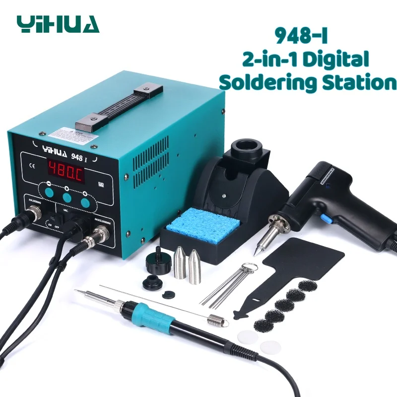 

YIHUA 948-I Цифровая паяльная станция 2-в-1 с оловянным пистолетом 90 Вт, вакуумный всасывающий насос, паяльная станция с регулируемой температурой
