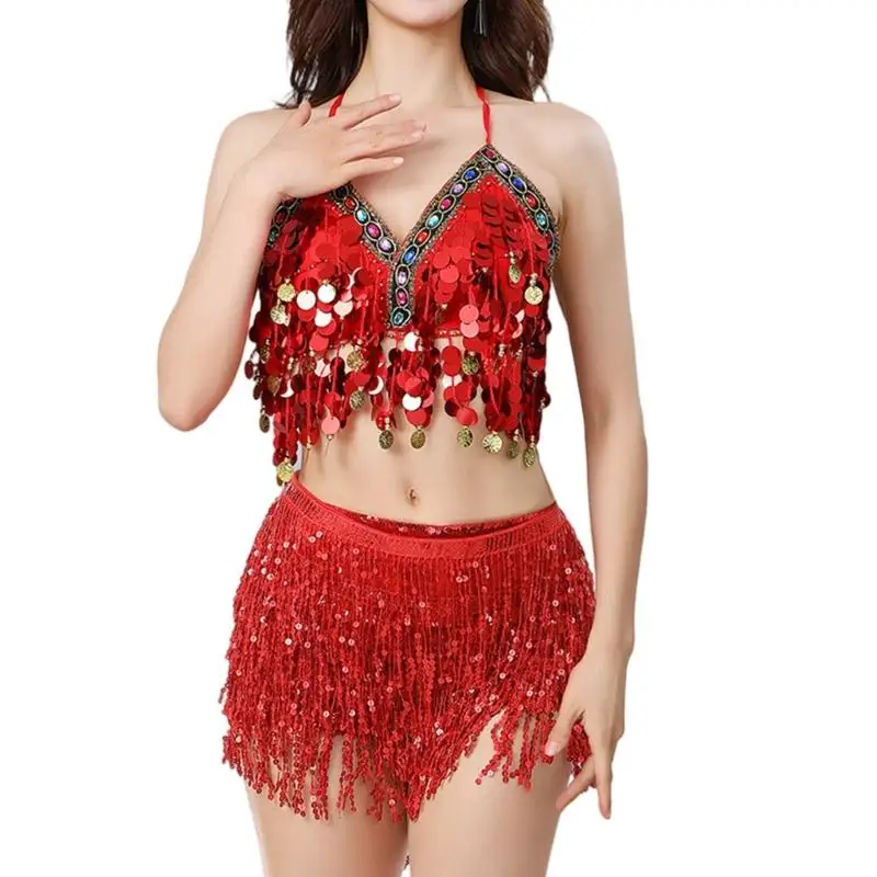 39BD Zweiteiliges Bauchtanz-Outfit für Damen, Pailletten-Fransen-Bauchtanzrock und Top-Set – Detail 8