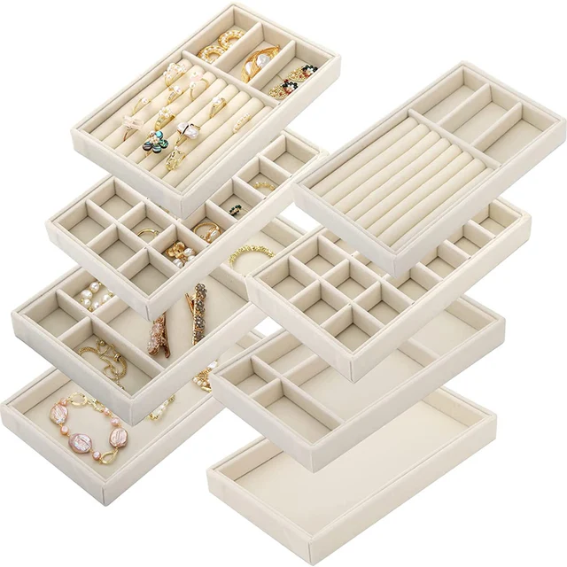 Velvet Jewelry Tray Display Case Portable Holder Earring Necklace Packaging Box Grey Beige Stackable Jewelry Organizer Boxes 4