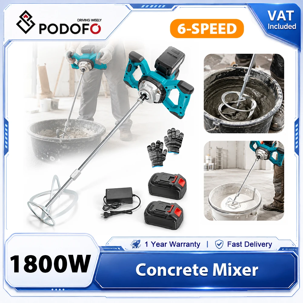 Podofo 21V Miscelatore per Cemento a Batteria con Motore Brushless, Trapano per Miscelazione Malta e Vernice, 6 Velocità, 130NM, 1800W, Compatibile co