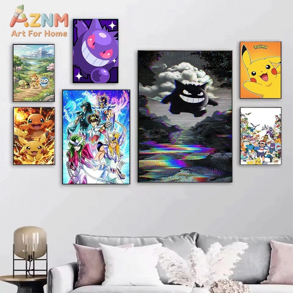 AZNM Charizard Fire Burst Retro Canvas Wall Print, Pokemon Fire Dragon Anime Creature Art Poster, Unframed Canvas Painting for