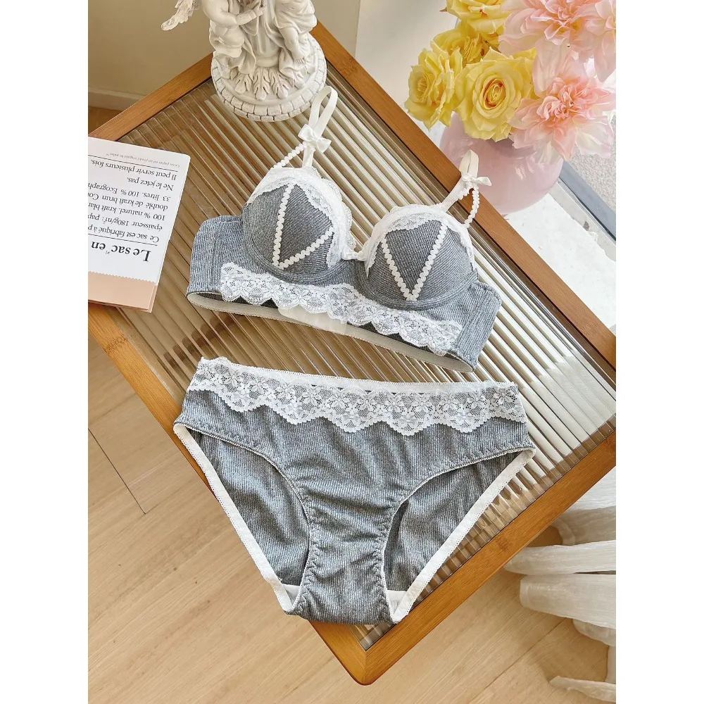 MOYISUセクシーな  Women French Pure Style Lace Bra Small Bust Push Up Underwear Sweet Bowknot Lace Trim Adjustable Brassiere 32-38