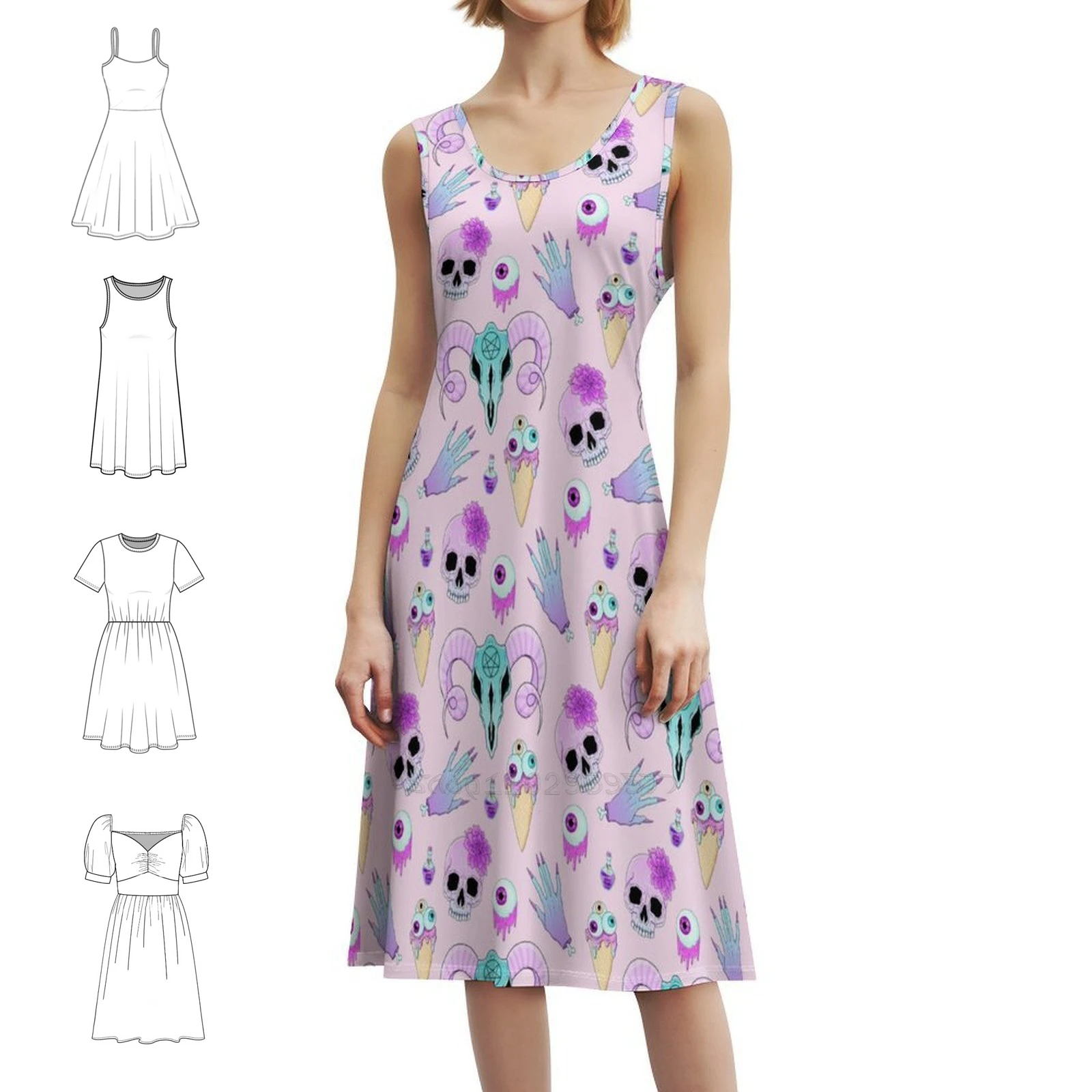 نسخة من Kawaii الباستيل القوطي لطيف زاحف غامض نمط البوهيمي فستان بلا أكمام متعدد طباعة شاطئ عطلة فستان الحفلات لطيف