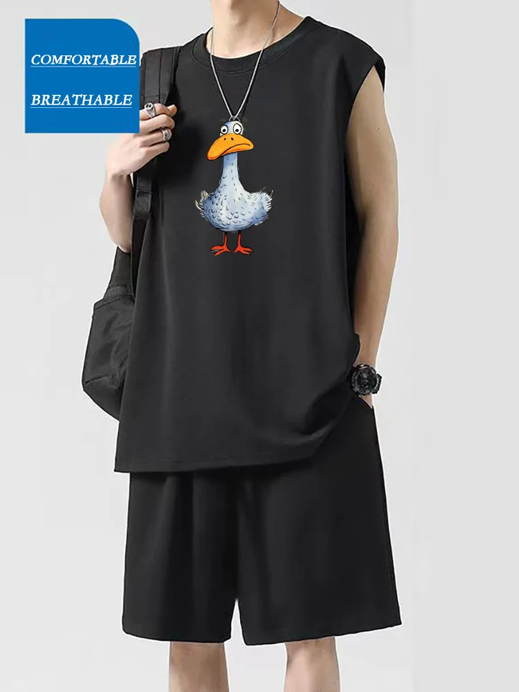 

New Summer Men's Suits Fashionable Breathable Two-piece Short-sleeved T-shirt + Vest Trendy Printed Beach Sportswear Big Size
