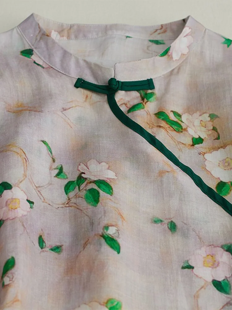 Robe longue en coton pour femmes, imprimé Floral chinois, avec boutons, jupe trapèze, col montant, dr